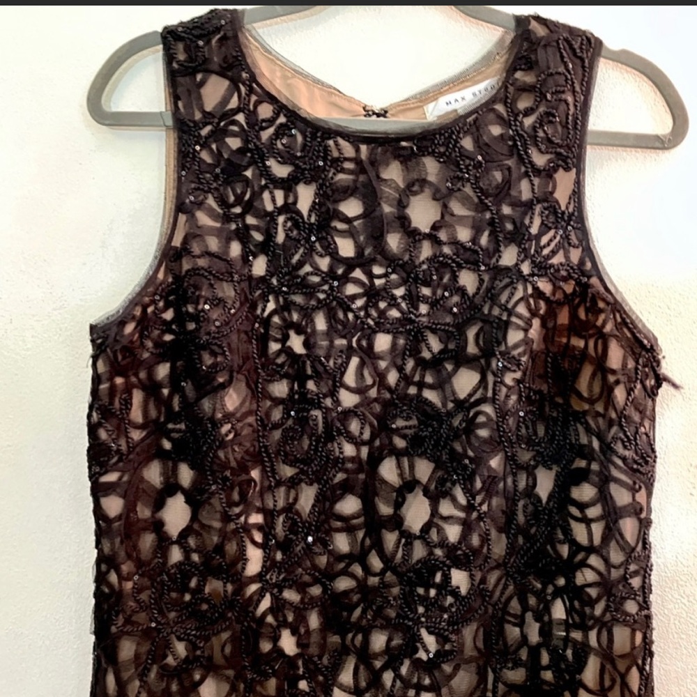 Max Studio black lace over tan sheath, tasteful sequins, cocktail dress